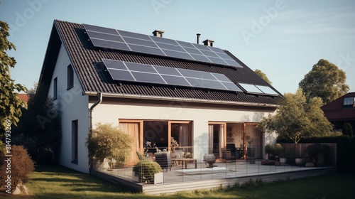 Solar panels on the roof of the house in the summer time  photovoltaic panel in single-family home  front view © MonkaLemonka