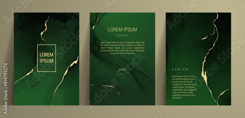 Abstract art vector illustration. Marble green texture. Luxury graphic, acrylic alcohol ink, gold foil. Set of liquid splash posters. Gradient background in dark green color. Fluid watercolor painting