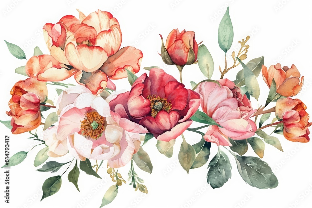 Watercolor botanical illustration of roses, tulips, and peonies, beautifully isolated on white for elegant greeting cards or wedding invitations