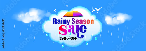 Rainy Season environment Sale or Monsoon sale 50% off deal discount offer banner design. Vector illustration