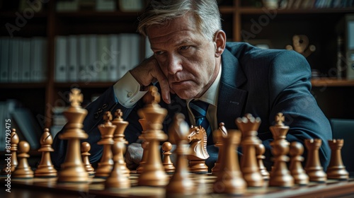 Senior executive deeply contemplating chess strategy in a sophisticated office 