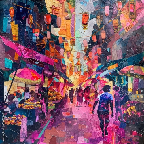 Trendy art paper collage design of a vibrant street market during Diwali, using cyberpunk 80s color to reflect the festivals energy and chaos
