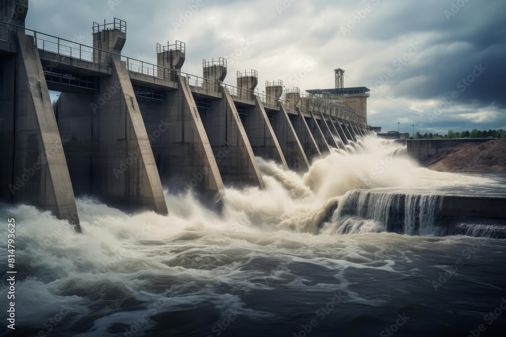 A large tidal barrage structure with water flowing through its gates, generating electricity, under a partly cloudy sky, capturing the engineering marvel for stock photography A large tidal barrage structure with water flowing through its gates, generating electricity, under a partly cloudy sky, capturing the engineering marvel for stock photography