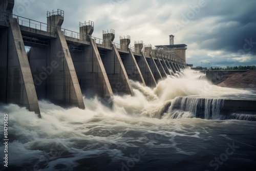 A large tidal barrage structure with water flowing through its gates, generating electricity, under a partly cloudy sky, capturing the engineering marvel for stock photography