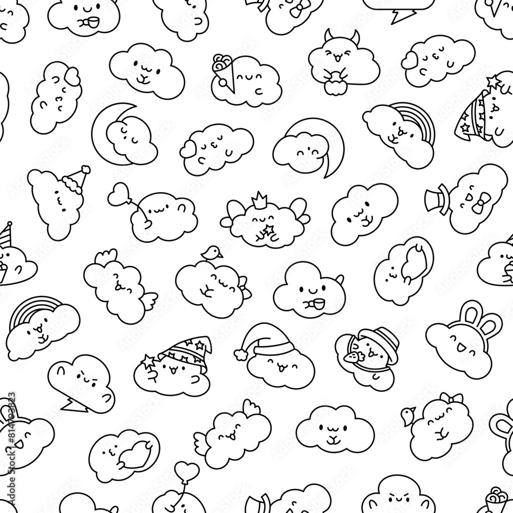 Obraz premium Cute and kawaii cloud. Seamless pattern. Coloring Page. Cartoon weather character. Hand drawn style. Vector drawing. Design ornaments.