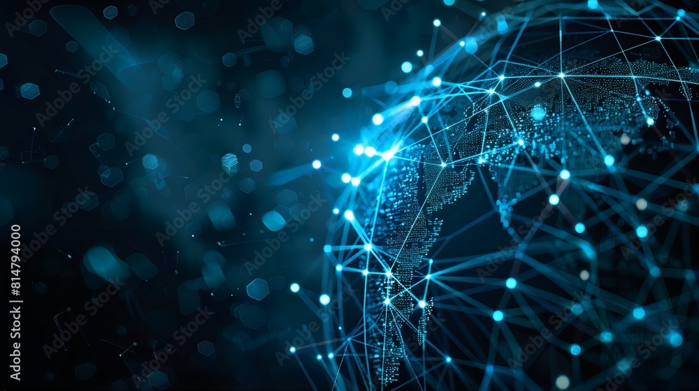 ecure Global Data Network - Abstract Digital Globe with Glowing Connections on a Dark Blue Background, Close-up Cybersecurity Concep ecure Global Data Network - Abstract Digital Globe with Glowing Connections on a Dark Blue Background, Close-up Cybersecurity Concep