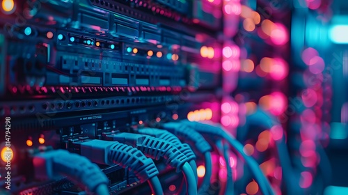 An closeup of network cables and equipment in an IT server room, highlighting the data transfer process between devices. 