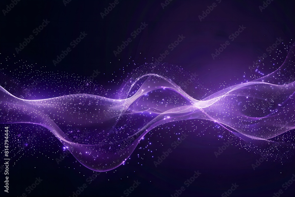 Obraz premium Abstract Purple Tech Energy - Glowing White Light Particles and Waves on Dark Background, Flat Lay Digital Technology Concept