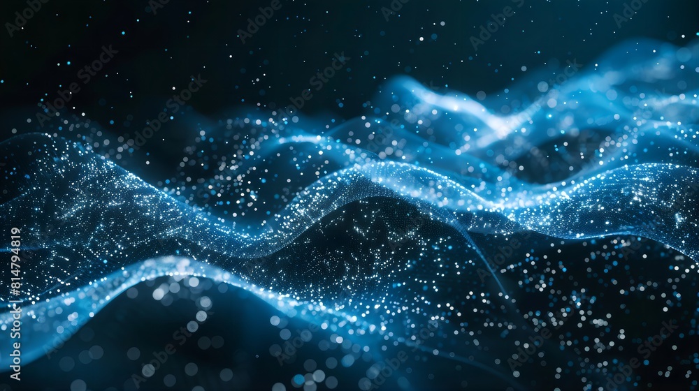 Abstract Blue Tech Energy - Glowing White Light Particles and Waves on Dark Background, Flat Lay Digital Technology Concept Abstract Blue Tech Energy - Glowing White Light Particles and Waves on Dark Background, Flat Lay Digital Technology Concept