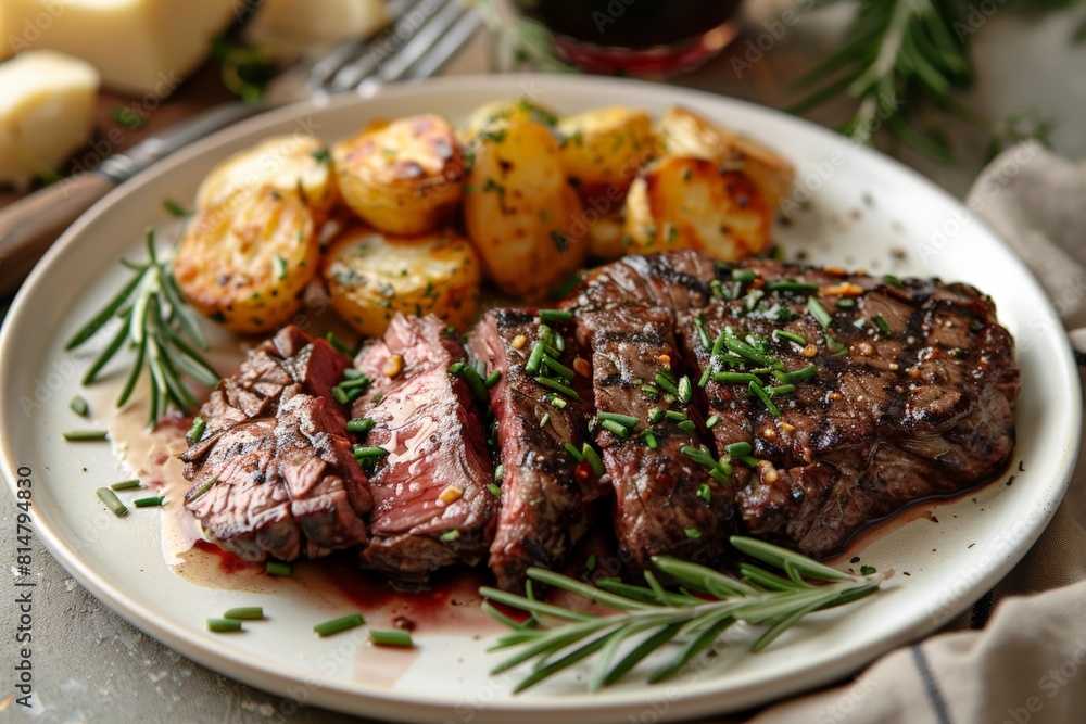 Beef Steak, Grilled steak on white plate, cut to reveal tender pink center, surrounded by rosemary and potatoes; elegant plating emphasizes the gourmet quality and appealing simplicity of the dish.