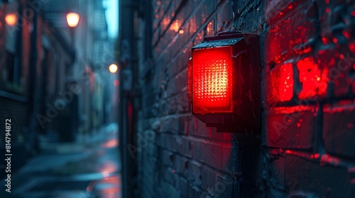 Close up of a red emergency light on a side wall  in an alleyway at night. 
