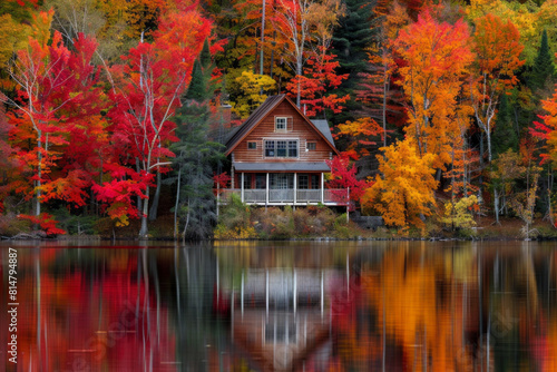 A tranquil lakeside cabin nestled amidst a forest of vibrant autumn foliage, with trees ablaze in hues of red, orange, and gold, reflecting in the calm waters of the lake.