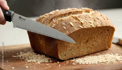 A serrated bread knife slicing through a freshly b photo