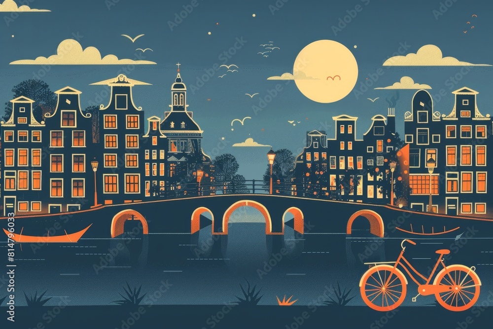 Obraz premium Minimalist Amsterdam Travel Theme with Canal and Bicycle Motifs
