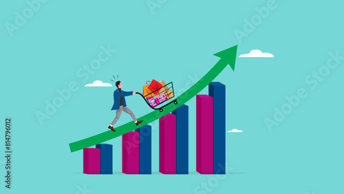 food price inflation, Inflation causing grocery price rising up, food or economic crisis that causes food prices rising up, Businessman push shopping carts filled with food items up the price chart
