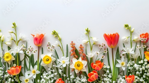 Spring floral border with tulips  daffodils and lilies of the valley on a white background with copy space for text in the style of nature. 