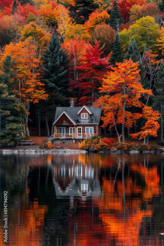 A tranquil lakeside cabin nestled amidst a forest of vibrant autumn foliage, with trees ablaze in hues of red, orange, and gold, reflecting in the calm waters of the lake.