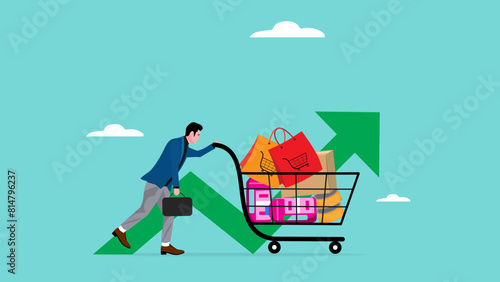 Inflation causing grocery price rising up, food or economic crisis that causes food prices rising up, food price inflation, people rely on shopping carts sadly because food prices are rising up