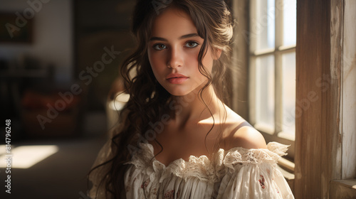 Portrait of latino woman in vintage dress and hairstyle in the house. Sinematic dramatic light photo