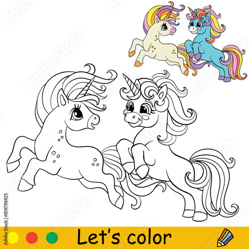 Kids coloring with cute running unicorns vector © alinart