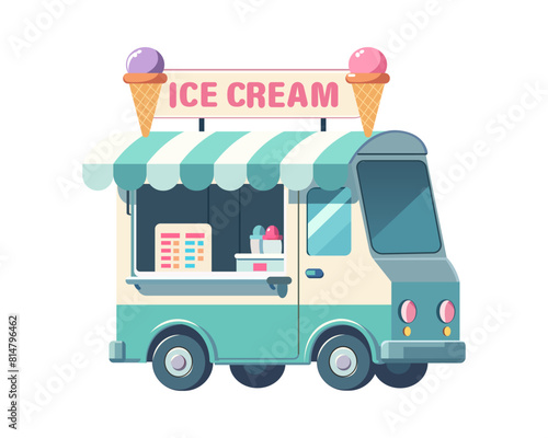 Vector illustration of colorful ice cream truck in flat style. ice cream machine