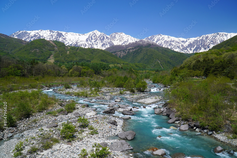 Fototapeta premium 新緑の白馬大橋から眺めた風景