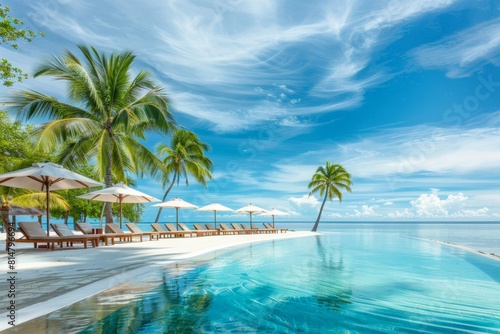 Luxurious beach resort with pool, lounge chairs, umbrellas, palm trees, and blue sky