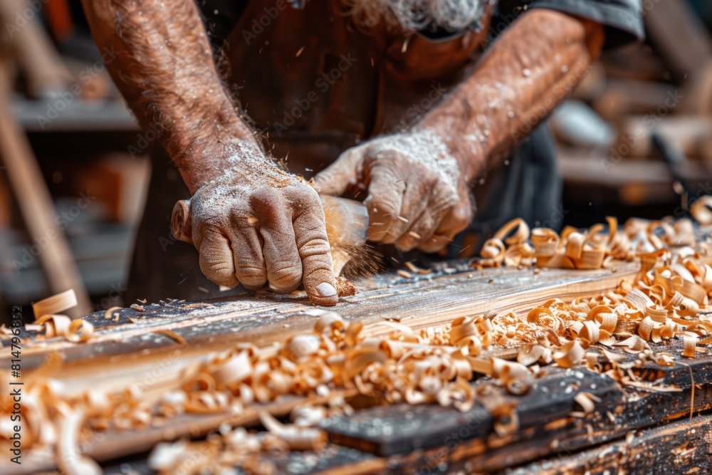 Detail shot of hands carving wood, Hands of a seasoned woodworker plane a wooden plank, shavings curling, a testament to skilled labor. Detail shot of hands carving wood, Hands of a seasoned woodworker plane a wooden plank, shavings curling, a testament to skilled labor.