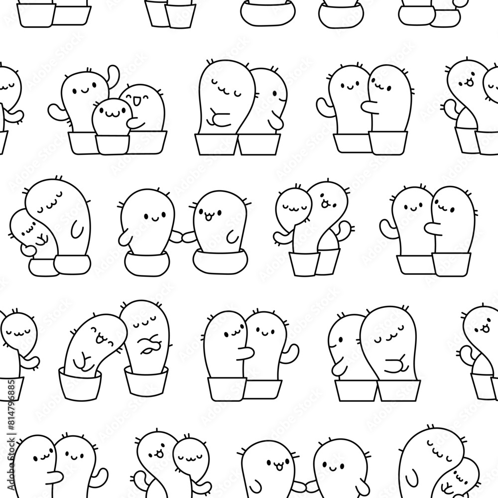 Kawaii cactus hug. Seamless pattern. Coloring Page. Cute cartoon cacti couple in love. Funny plant characters in pots. Hand drawn style. Vector drawing. Design ornaments. Kawaii cactus hug. Seamless pattern. Coloring Page. Cute cartoon cacti couple in love. Funny plant characters in pots. Hand drawn style. Vector drawing. Design ornaments.