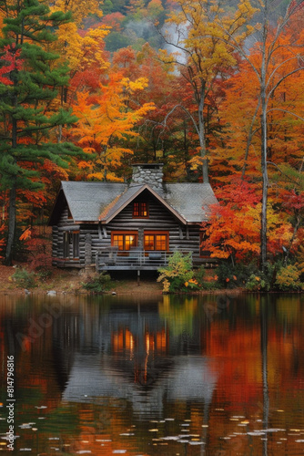 A tranquil lakeside cabin nestled amidst a forest of vibrant autumn foliage  with trees ablaze in hues of red  orange  and gold  reflecting in the calm waters of the lake.