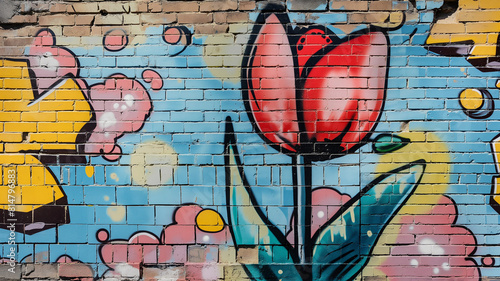 Pop art comic street graffiti with a tulip on a brick wall.	 #814796883