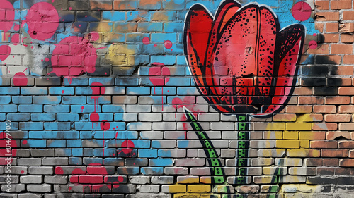 Pop art comic street graffiti with a tulip on a brick wall.	 #814797067
