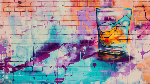 Pop art comic street graffiti with a vodka on a brick wall. Summer concept background. 