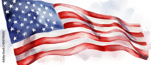 Artistic watercolor illustration of the American flag waving in the wind