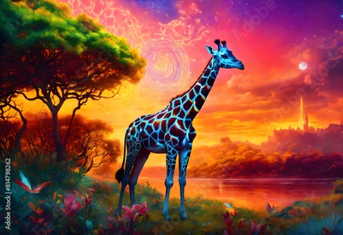 Ethereal Majesty  Bioluminescent Giraffe in Liquid Iridescence 