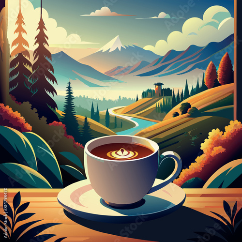 A cup of coffee is sitting on a plate in front of a mountain range. Concept of calm and relaxation, as the viewer can imagine themselves sitting on a mountaintop, sipping a warm cup of coffee
