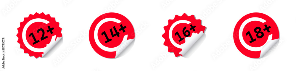 Paper red circle stickers with age restriction from 12+ to 18+ with rounded edges are adhesive. Red tags, paper round stickers with peeled corner and shadow, isolated rounded plastic human age restric Paper red circle stickers with age restriction from 12+ to 18+ with rounded edges are adhesive. Red tags, paper round stickers with peeled corner and shadow, isolated rounded plastic human age restric