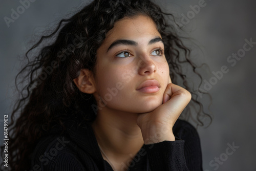 Young thinking woman with curly hair looks thoughtfully into the distance  resting her chin on her hand against a grey studio backdrop