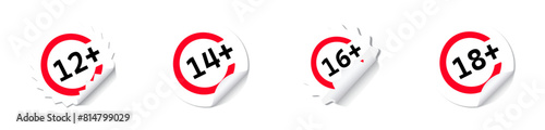 Paper white circle stickers with an age restriction of 12+ to 18+ with rounded adhesive edges. White tags, paper round stickers with peeled corner and shadow, isolated rounded plastic human age limit 