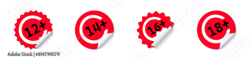 Paper red circle stickers with age restriction from 12+ to 18+ with rounded edges are adhesive. Red tags, paper round stickers with peeled corner and shadow, isolated rounded plastic human age restric