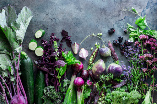 Purple and green vegetables frame