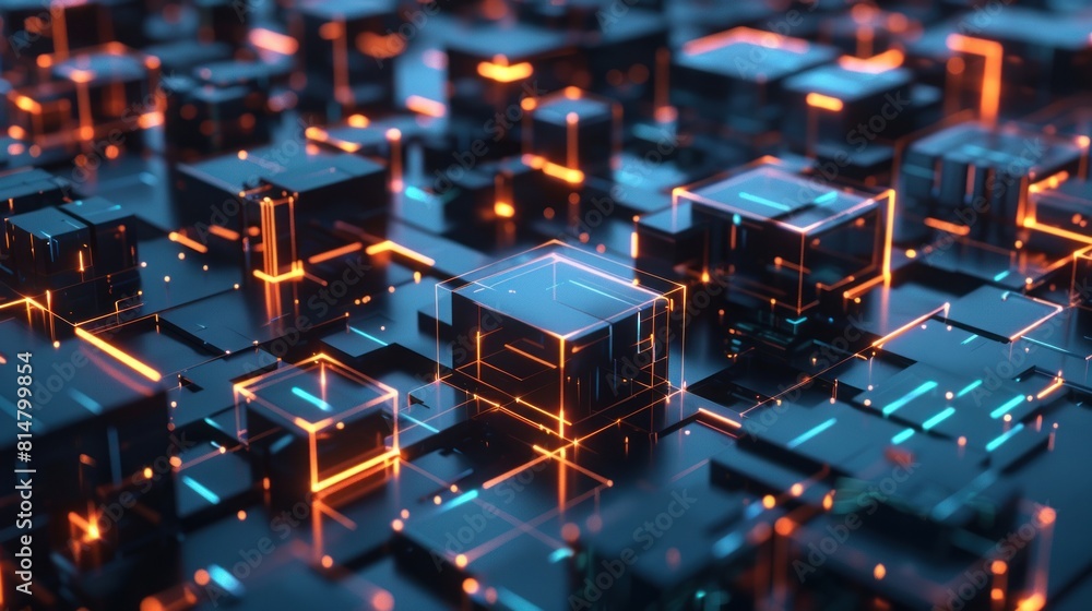 Digital background, squares and lines. Cube in virtual empty space, 3d illustration Digital background, squares and lines. Cube in virtual empty space, 3d illustration