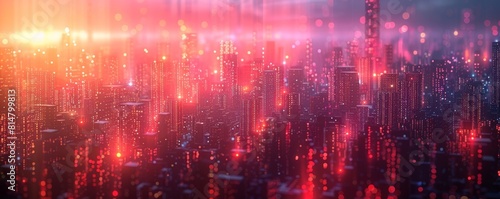 Futuristic cityscape in vibrant red hues  A digital art panorama of an urban skyline