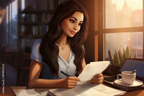 Digital illustration of a focused woman writing notes at a cozy home office during sunset