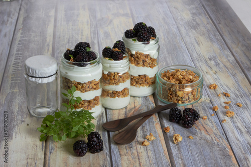 Trifle with granola, yogurt and blackberries photo