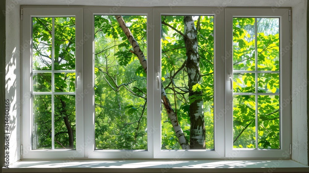 Fototapeta premium White plastic window with green trees outside. A green spring or summer nature view through the white glass windows of a modern house. 