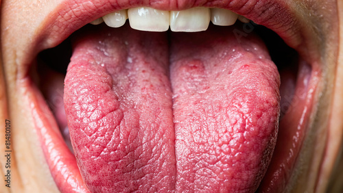 Extreme close-up of a human tongue illustrating taste photo