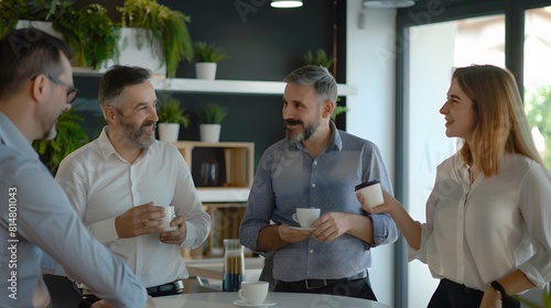 A group of colleagues discussing a project over coffee