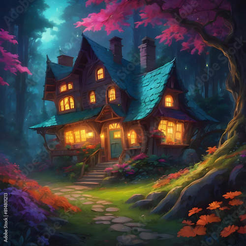 Fantasy House Night Glowing Lights View, Dense Forest, Flower and trees Mobile and Desktop Wallpaper © Muhammad Afzal