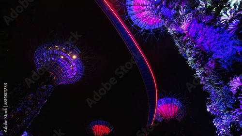 Singapore city, Singapore - april 15th, 2024: static timelapse view Super-tree park at Marina Bay Sand. Gardens by the Bay famous landmark supertrees grove. solar cell technology